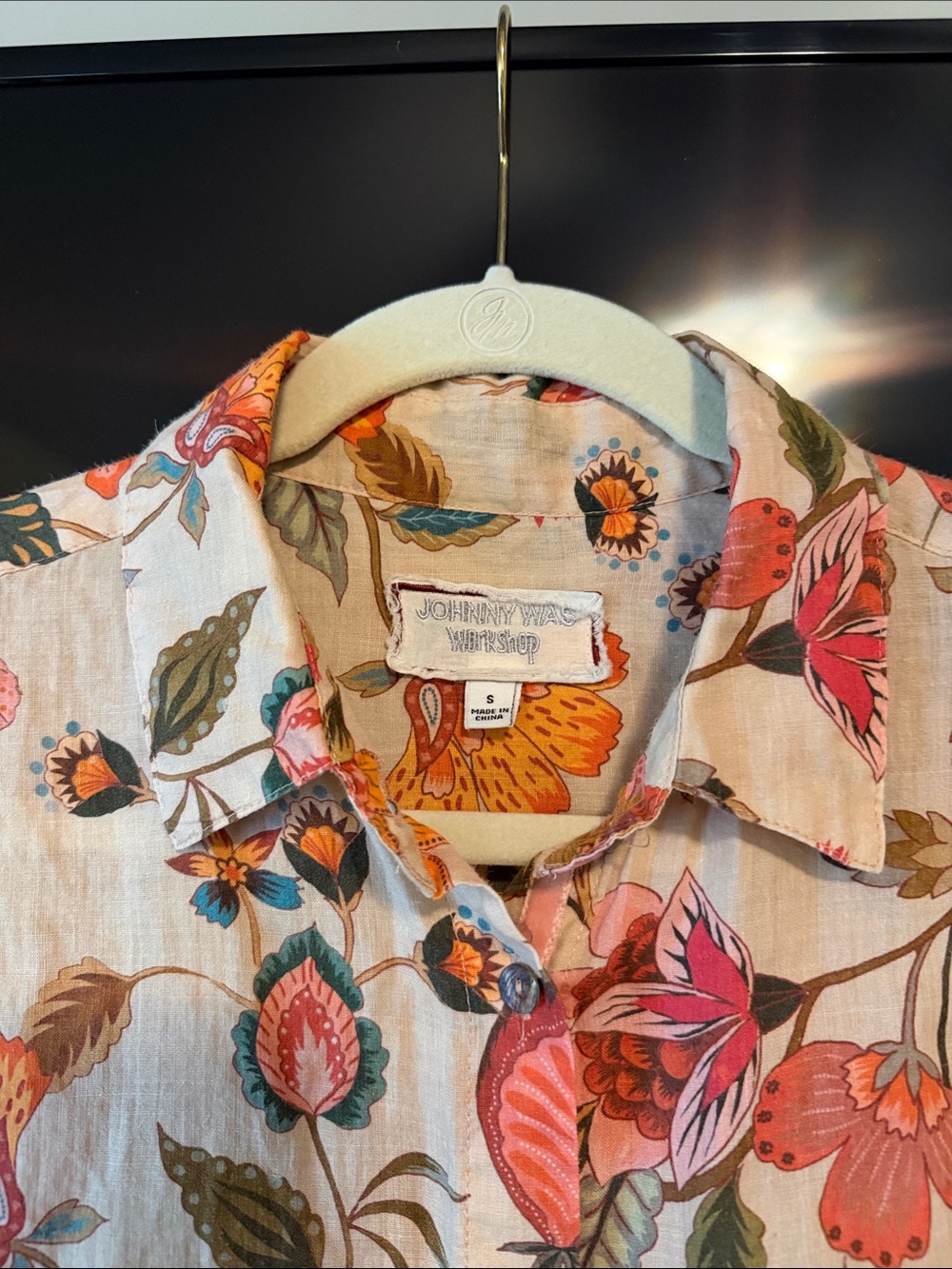 Johnny Was Workshop Floral Button-Up Shirt - Coral & Green on Cream - Picture 2 of 4